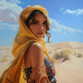 蓝天白云金色沙漠美女风景图片